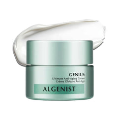 Algenist GENIUS Ultimate Anti-Aging Cream bottle showing premium packaging and luxurious texture.