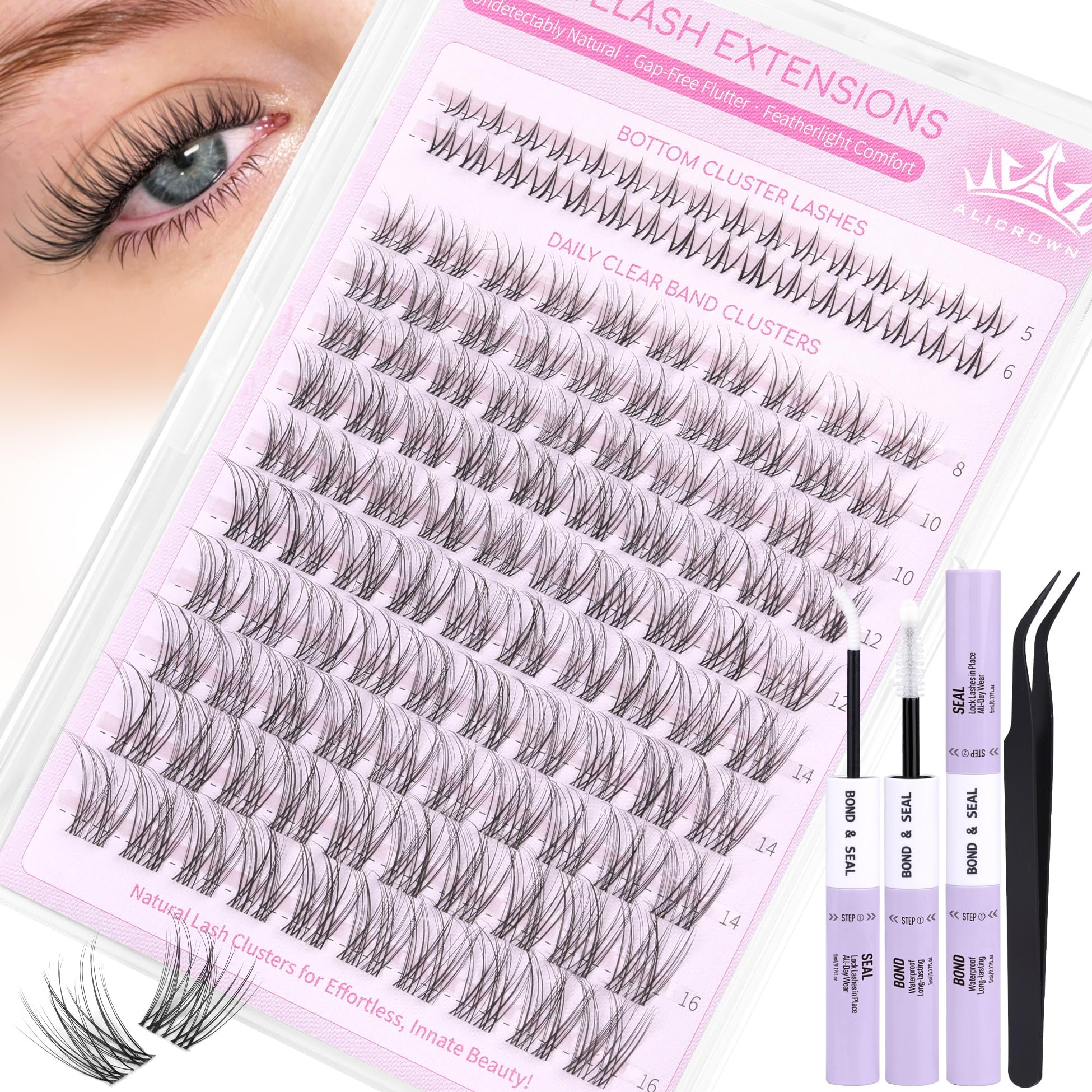 ALICROWN HAIR Natural Lash Clusters Kit close-up showing natural-looking lashes