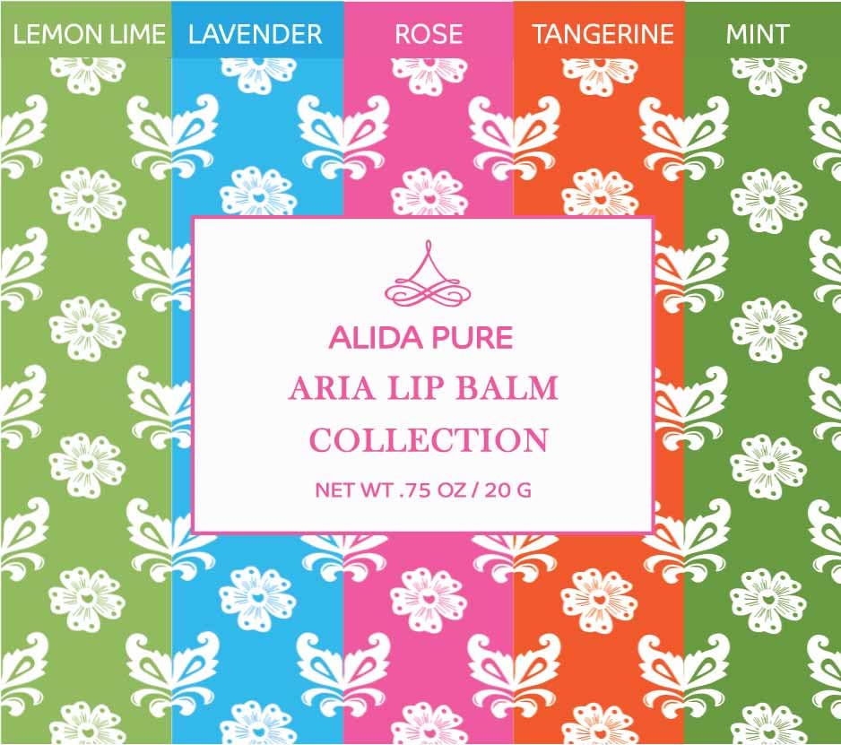 ALIDA PURE Aria Lip Balm packaging closeup shows sustainable materials and five flavors