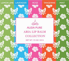 ALIDA PURE Aria Lip Balm packaging closeup shows sustainable materials and five flavors