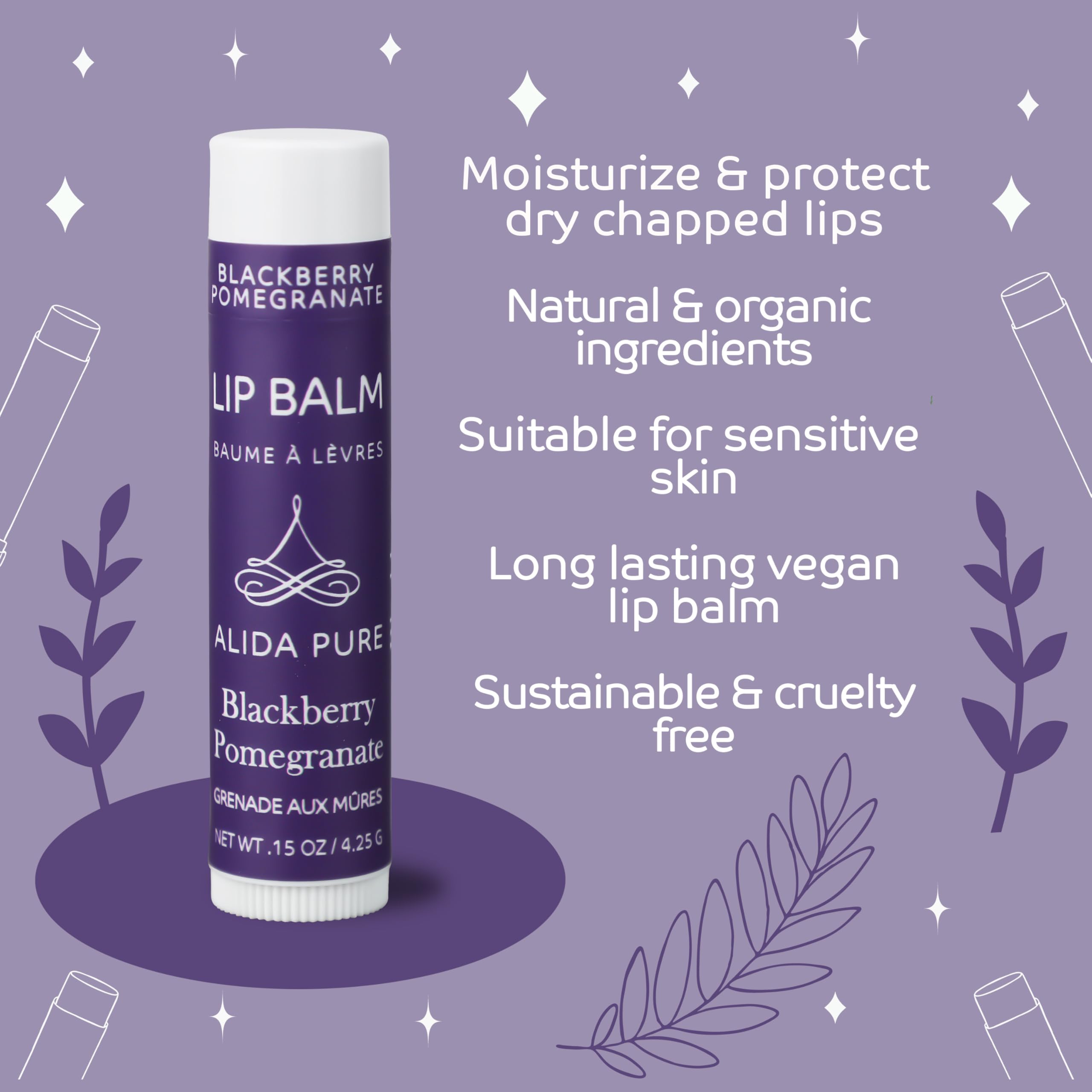 ALIDA PURE lip balm tubes in a trio showing vegan, beeswax-free hydration
