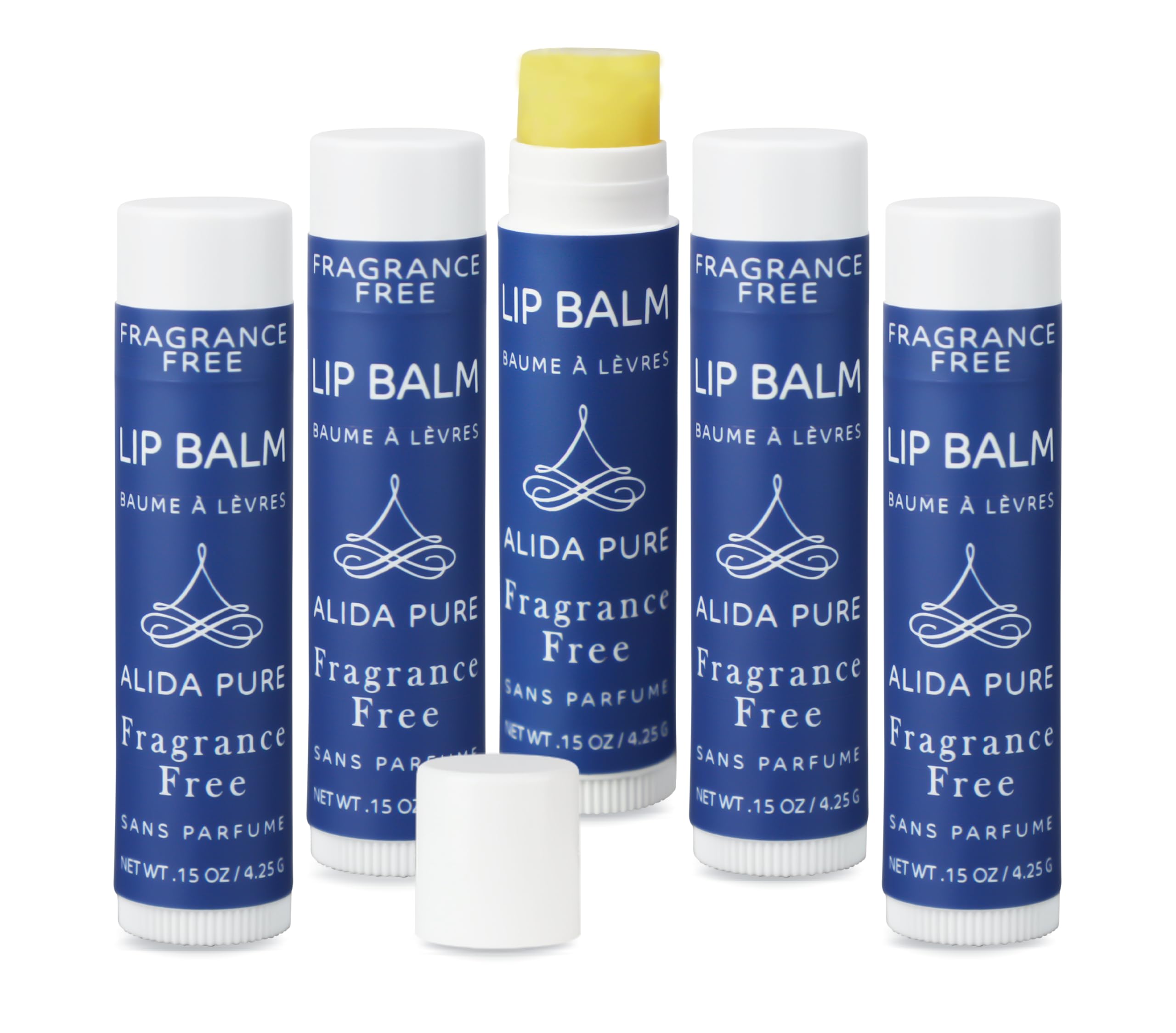 ALIDA PURE fragrance-free lip balm five-tube set packaging highlighting sustainable design