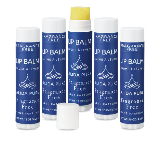 ALIDA PURE fragrance-free lip balm five-tube set packaging highlighting sustainable design