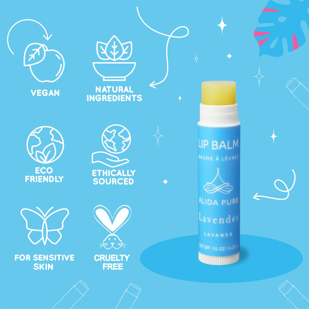 ALIDA PURE Lavender Lip Balm packaging emphasizes biodegradable materials and sustainable design.