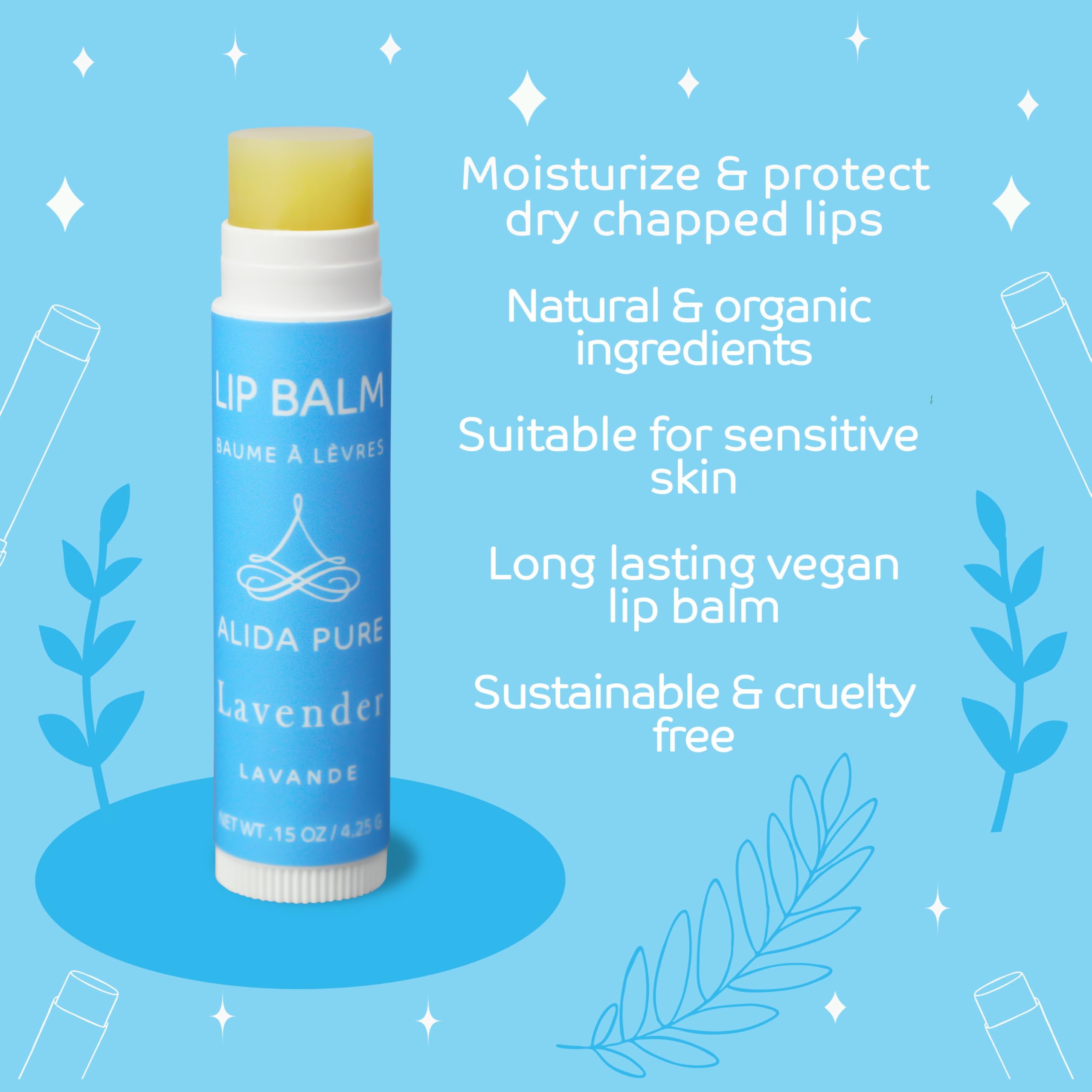 ALIDA PURE Lavender Lip Balm group image with three tubes for daily moisturization.