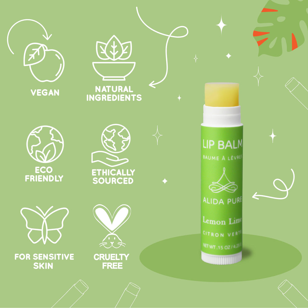ALIDA PURE Lemon Lime Lip Balm ingredients highlight avocado and jojoba oils
