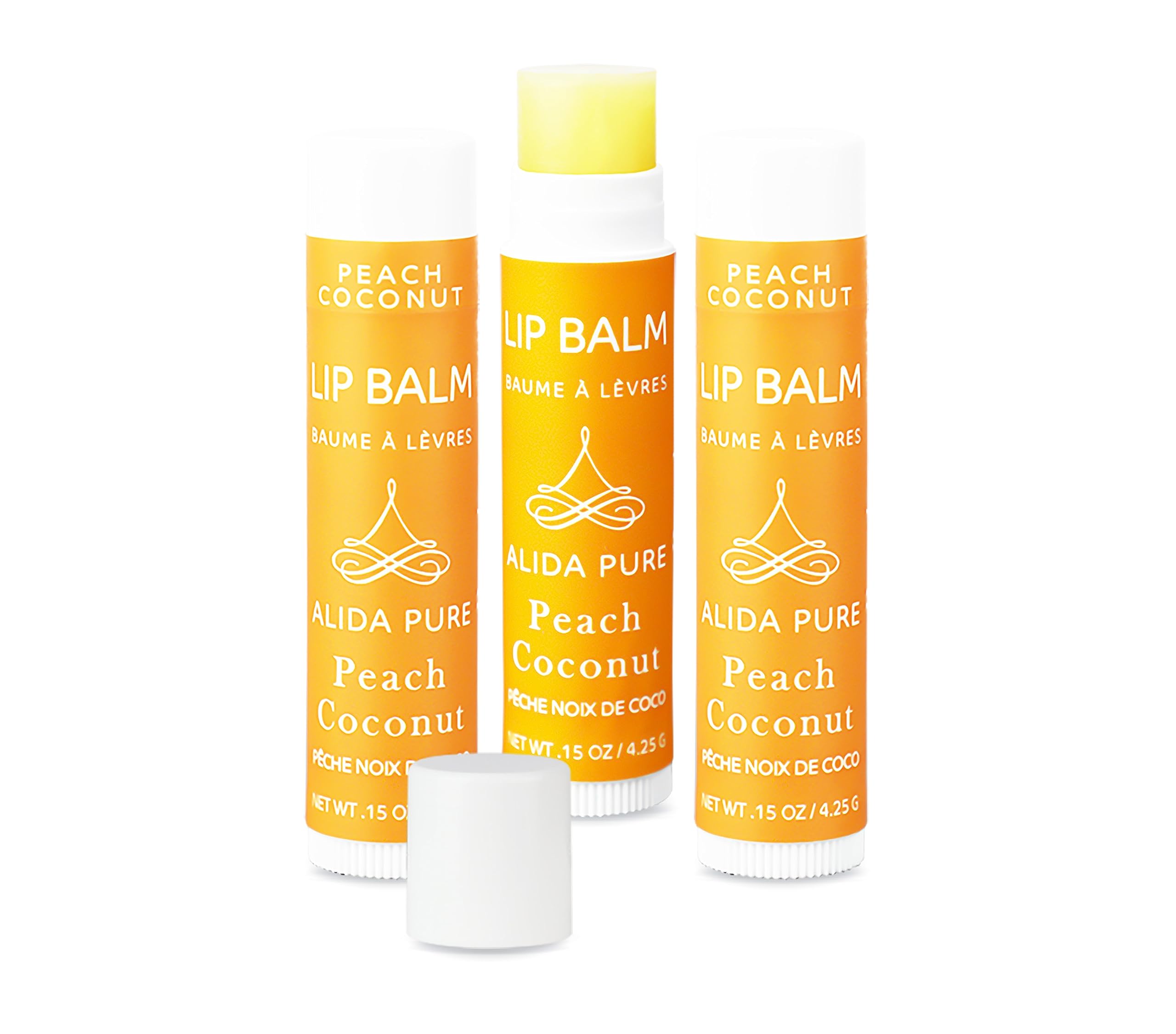 ALIDA PURE Peach Coconut Lip Balm tube close-up, vegan formula for dry lips.