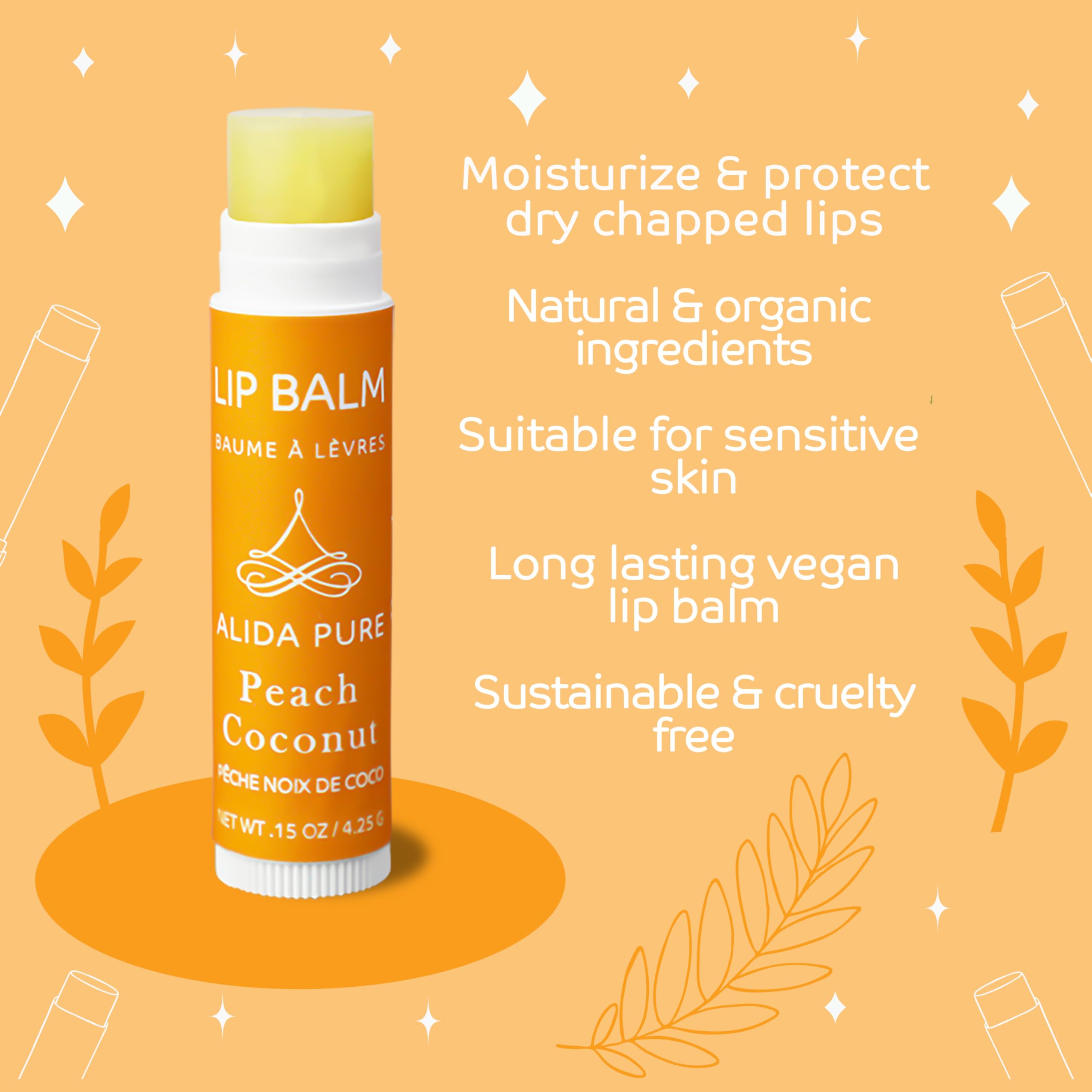 ALIDA PURE lip balm collection display with three peach coconut tubes, showcasing vegan care.