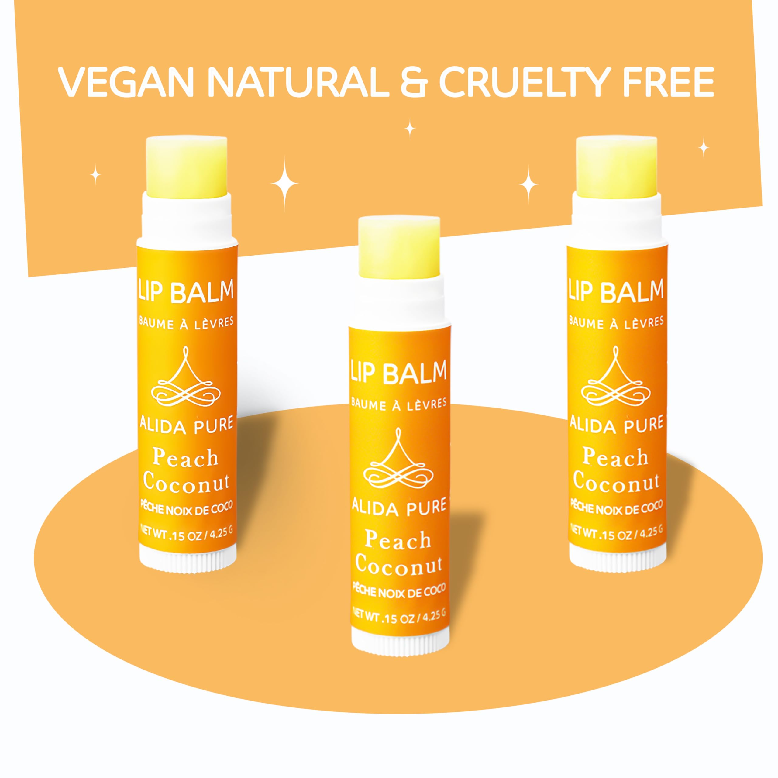 Peach Coconut lip balm on hand showing smooth lip coverage.