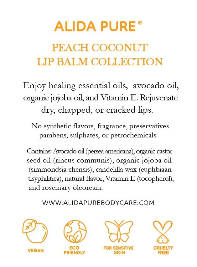 Unboxed trio of peach coconut lip balms on clean surface, ready for daily use.