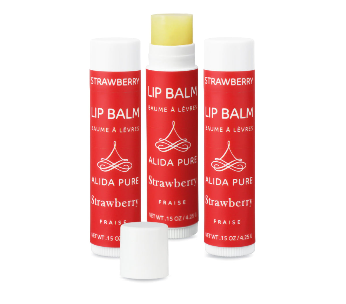 ALIDA PURE Strawberry Lip Balm tube front view for smooth daily moisture.