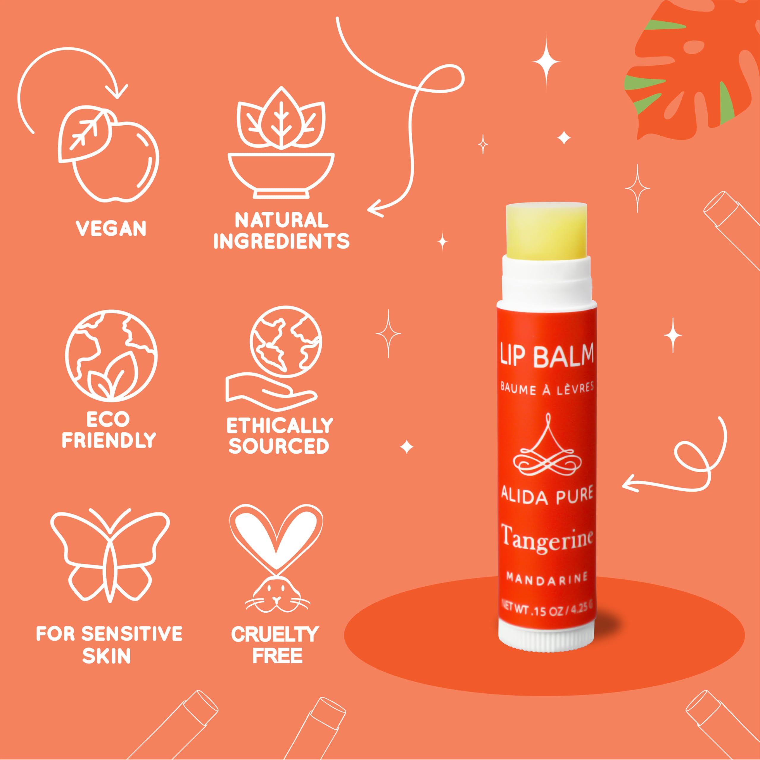 ALIDA PURE Tangerine lip balm aroma hints at refreshing citrus