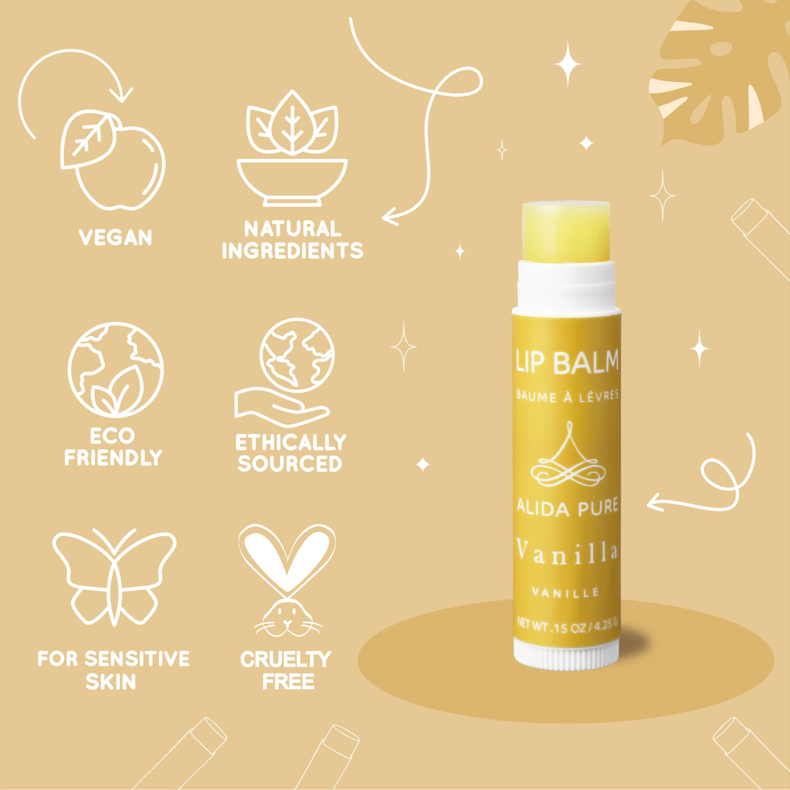 ALIDA PURE Vanilla Lip Balm ingredients close-up featuring avocado and jojoba oils.