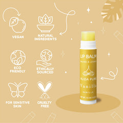 ALIDA PURE Vanilla Lip Balm ingredients close-up featuring avocado and jojoba oils.