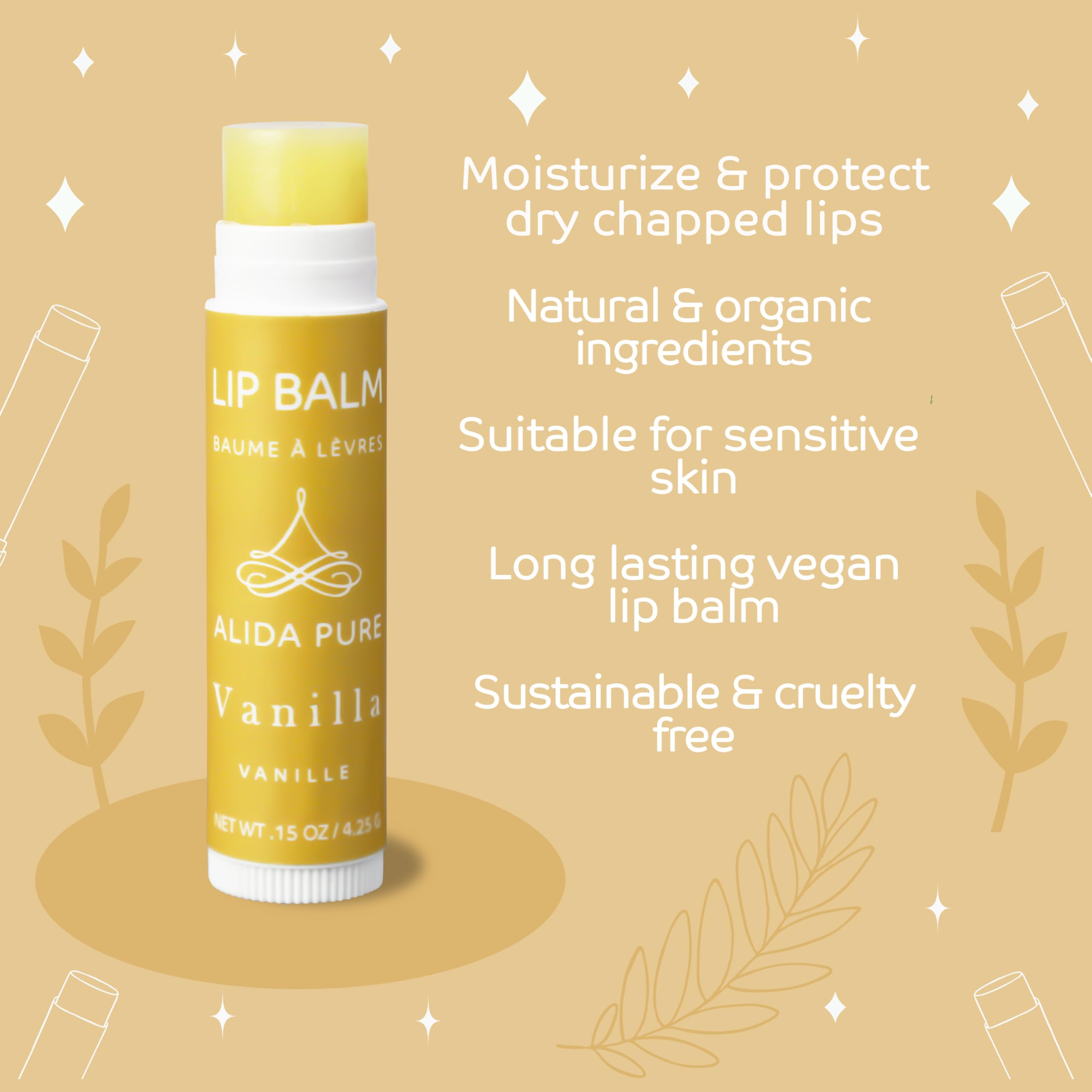 ALIDA PURE Vanilla Lip Balm close-up shows creamy texture and vanilla aroma.