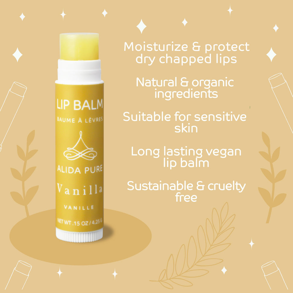 ALIDA PURE Vanilla Lip Balm close-up shows creamy texture and vanilla aroma.