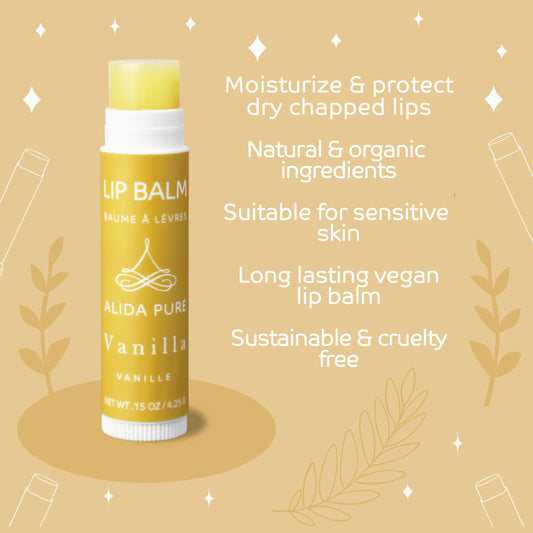 ALIDA PURE Vanilla Lip Balm close-up shows creamy texture and vanilla aroma.