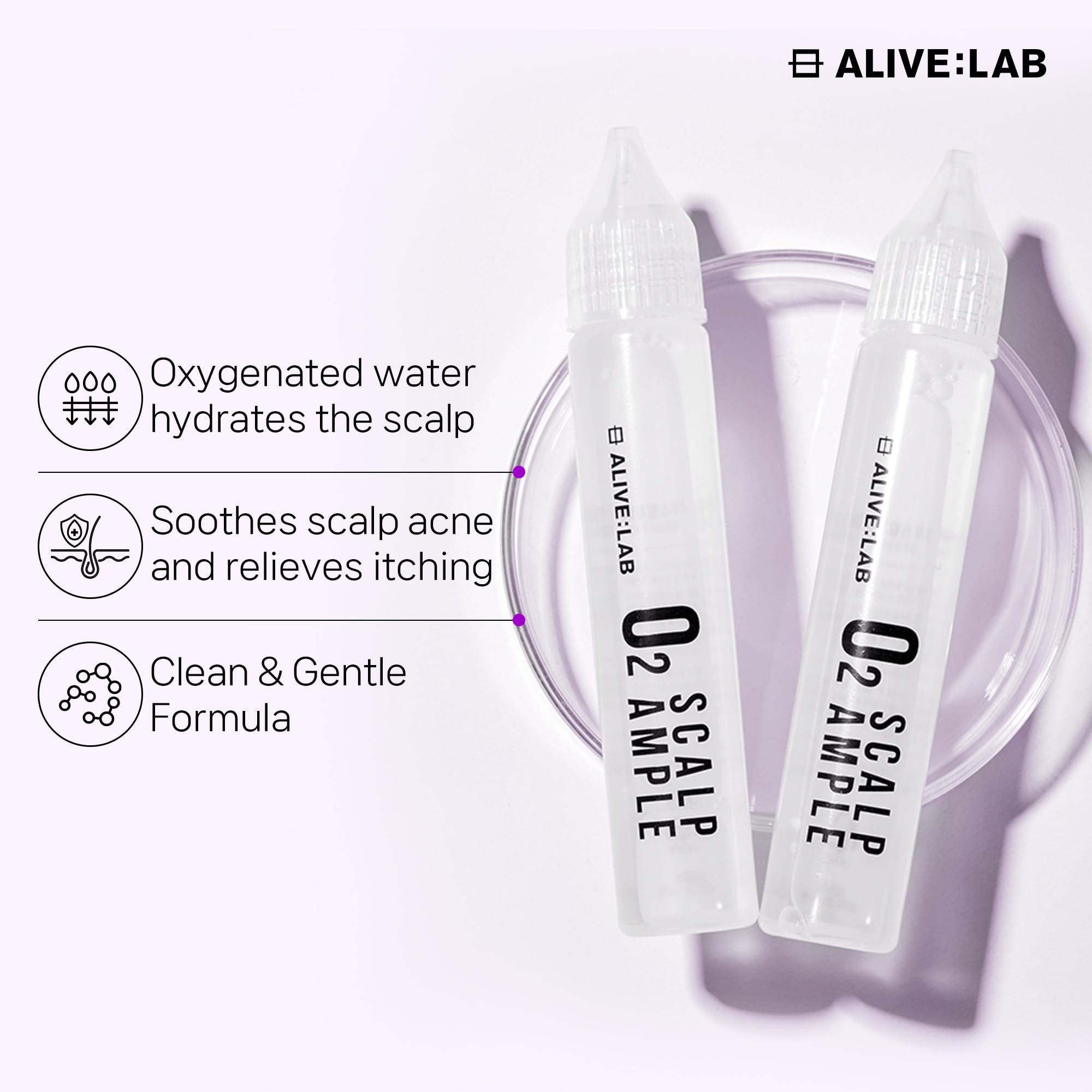 ALIVE:LAB ALIVELAB O2 ampoule packaging box highlighting universal scalp care.