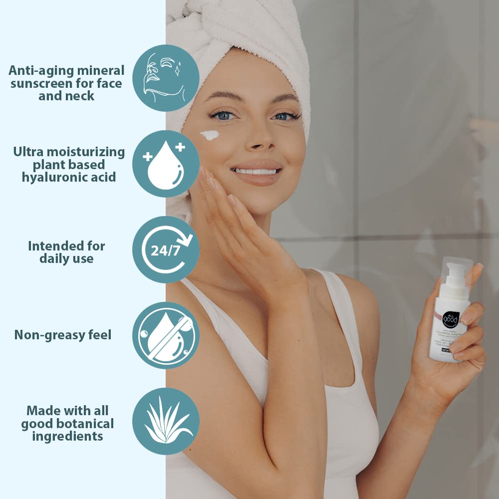 All Good anti-aging daily sunscreen label highlights hyaluronic acid and niacinamide for hydration
