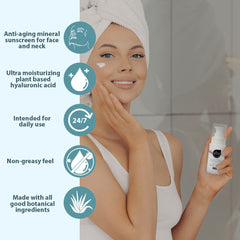 All Good anti-aging daily sunscreen label highlights hyaluronic acid and niacinamide for hydration