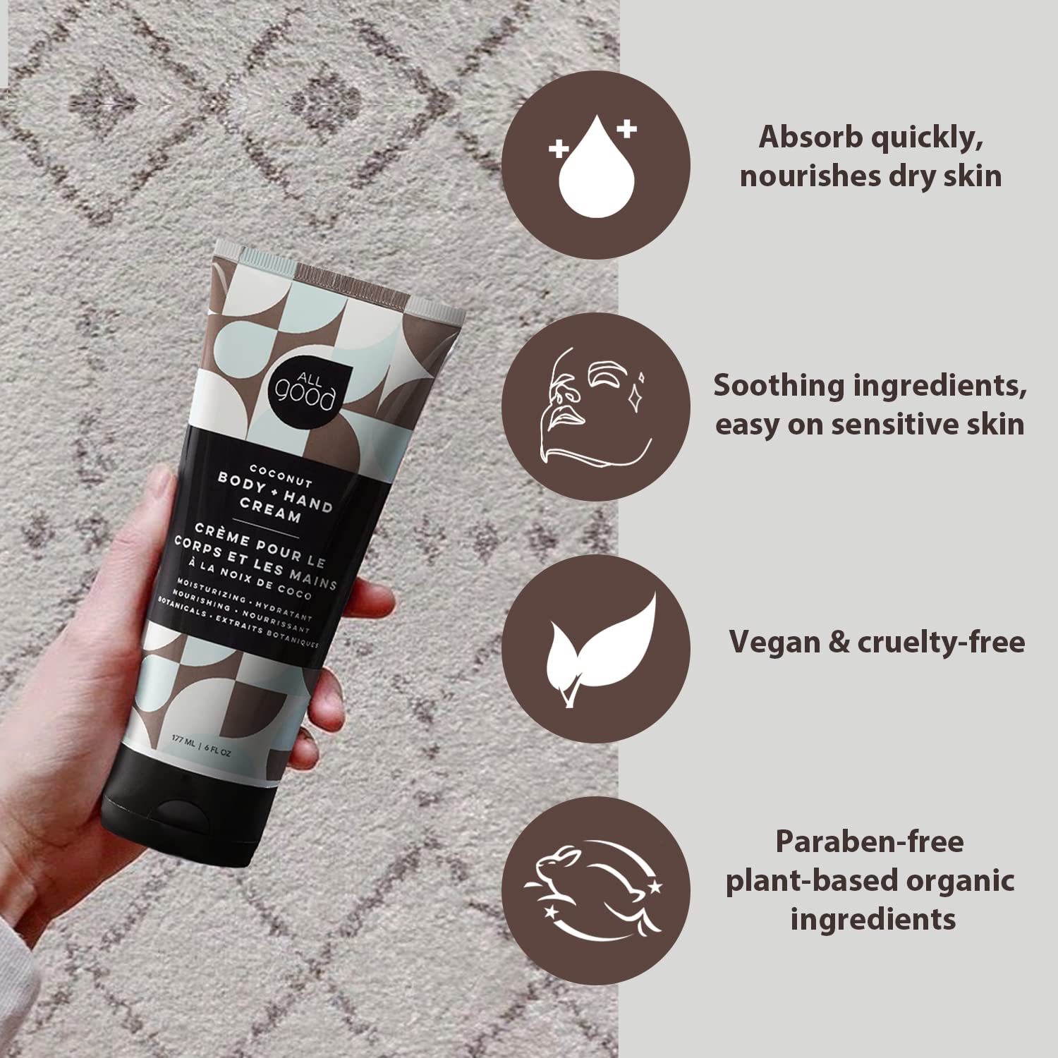 All Good coconut scented cream pump showing quick absorption and silky finish.