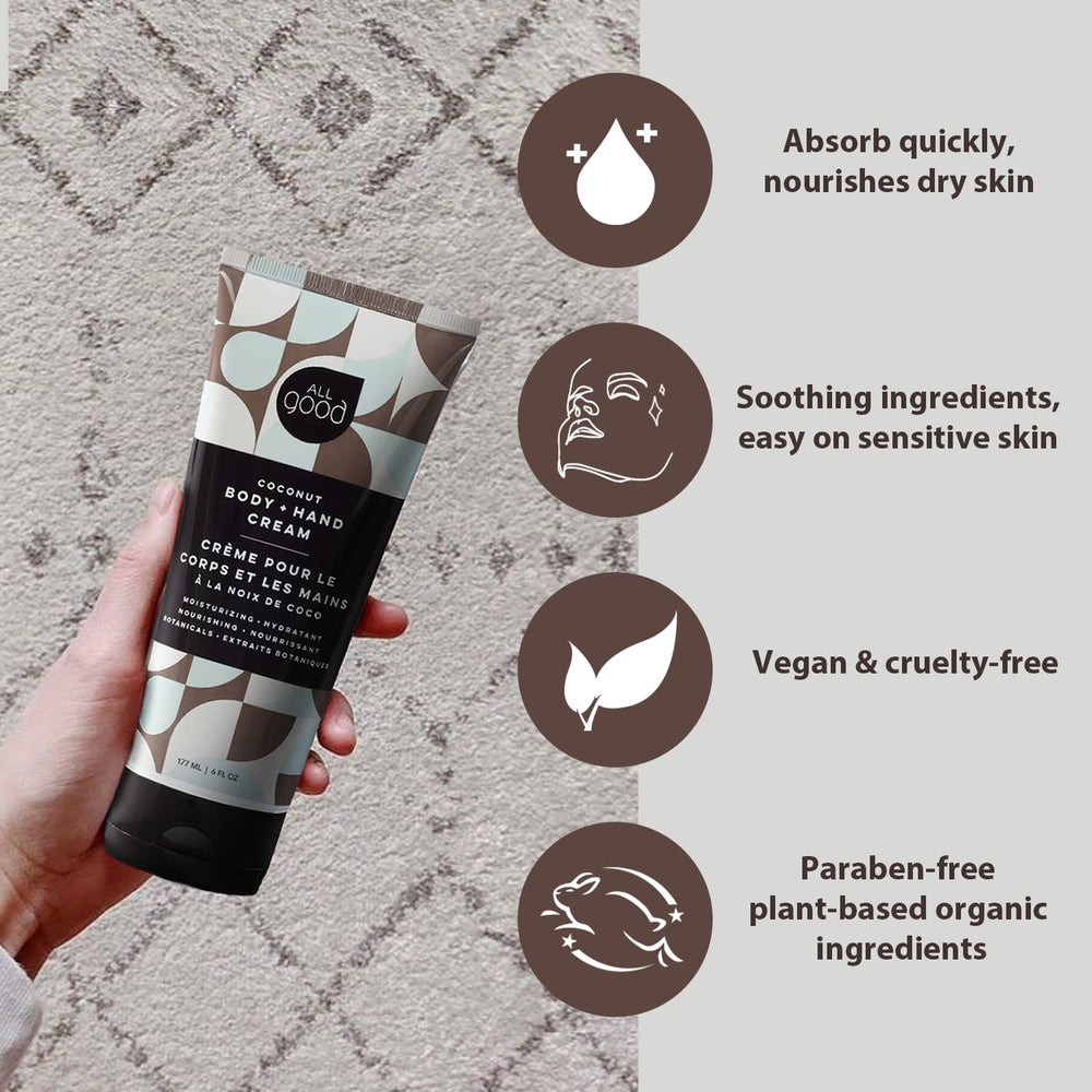 All Good coconut scented cream pump showing quick absorption and silky finish.
