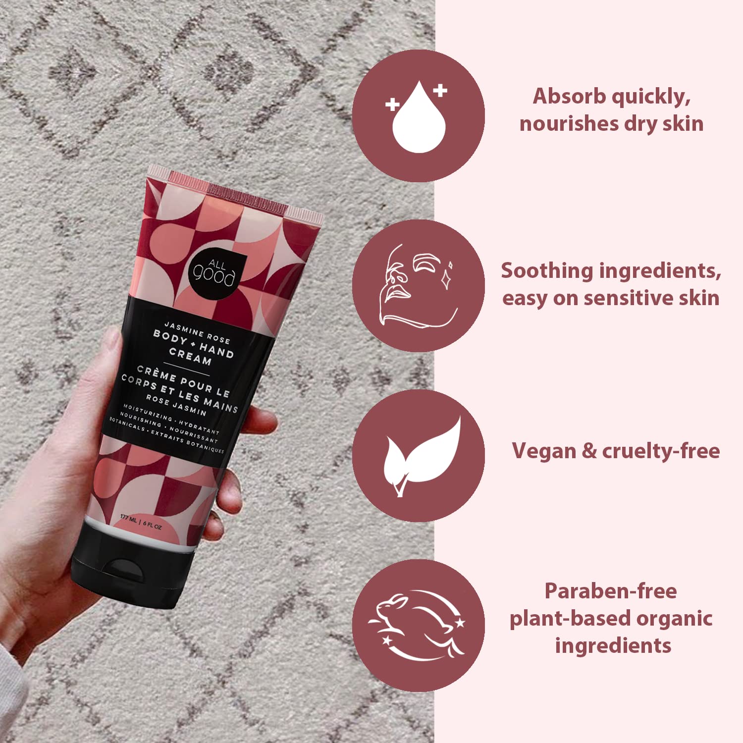 Close-up of All Good lotion texture for quick absorption and creamy feel.