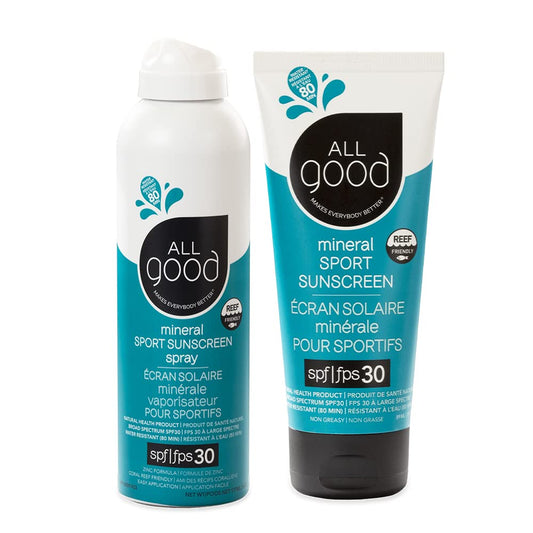 All Good Sport sunscreen spray 6oz for quick, lightweight sun protection on the go.