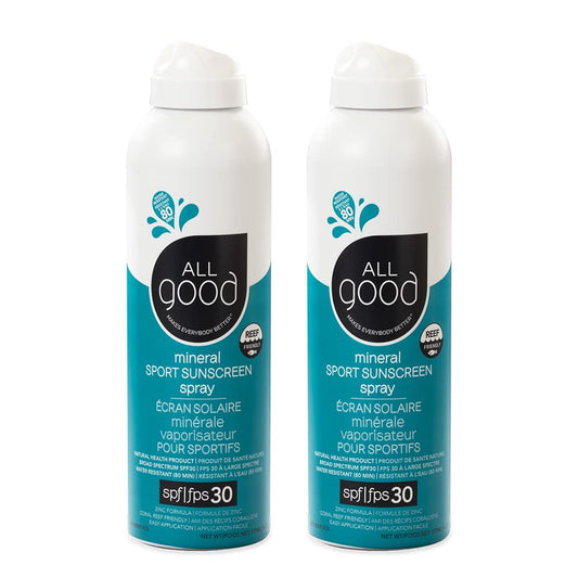 All Good Sport Sunscreen Spray bottle featuring a reef-friendly, dry-apply formula for comfortable wear.