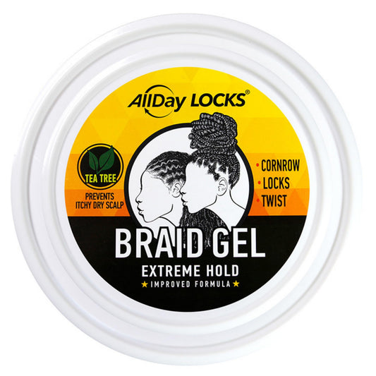 AllDay Locks Braid Gel Extreme Hold side view jar showing packaging.