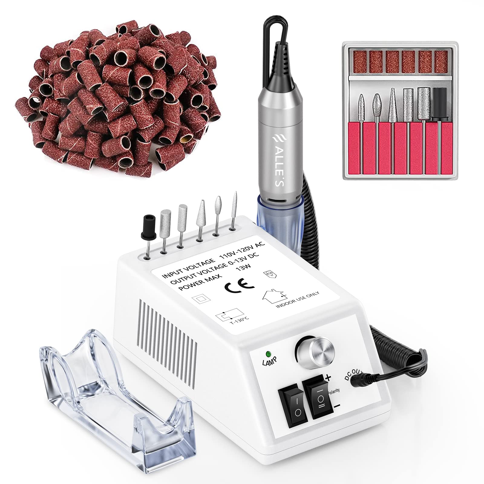 Alle's professional nail drill in white front view shows 20000 RPM speed for efficient at-home manicures.