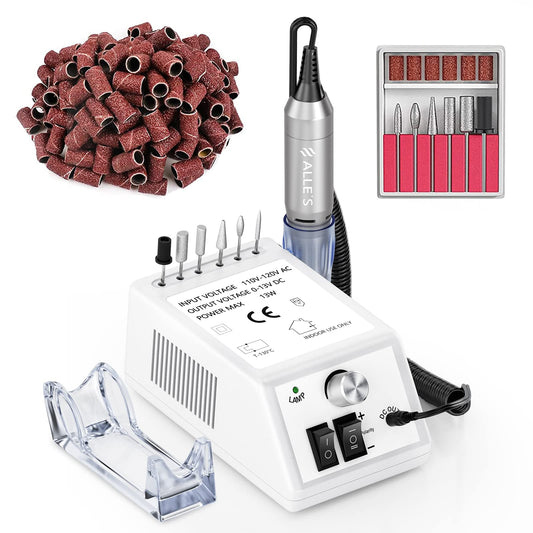 Alle's professional nail drill in white front view shows 20000 RPM speed for efficient at-home manicures.