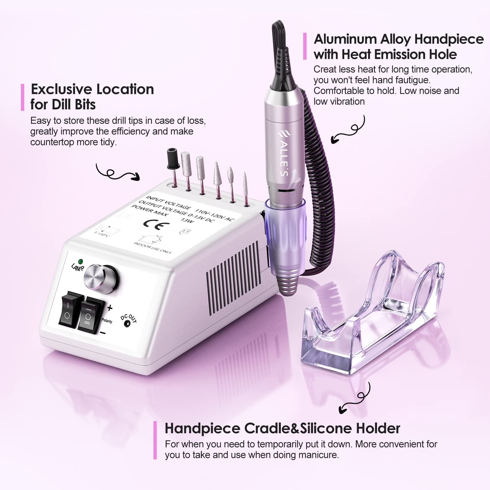 Alle's nail drill handpiece cradle securely holds the tool during use.