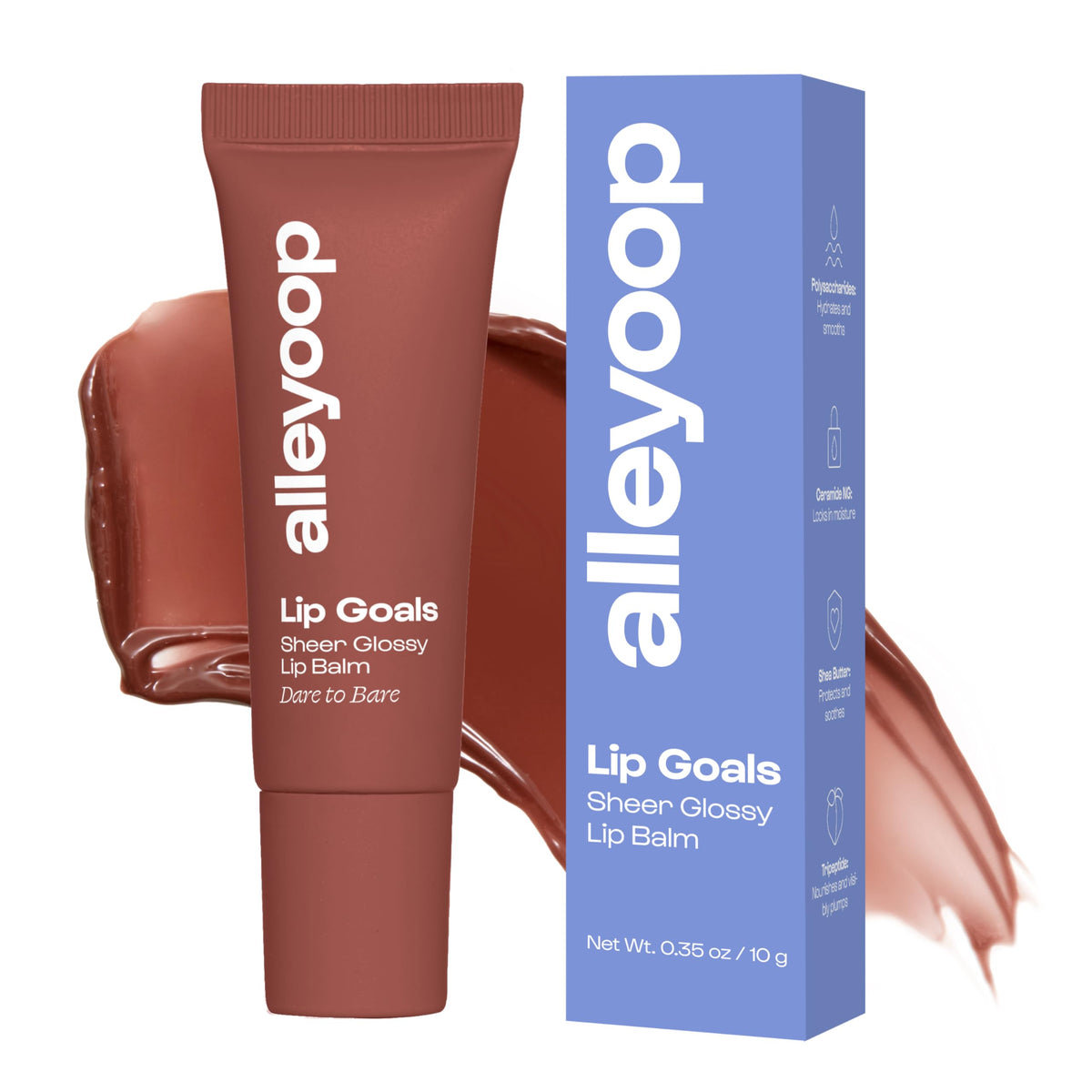 Alleyoop Lip Goals moisturizing balm tube delivers sheer rosy brown color and hydration.
