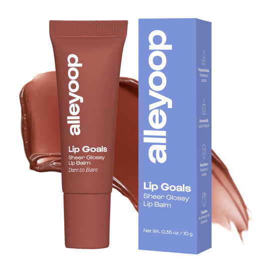Alleyoop Lip Goals moisturizing balm tube delivers sheer rosy brown color and hydration.