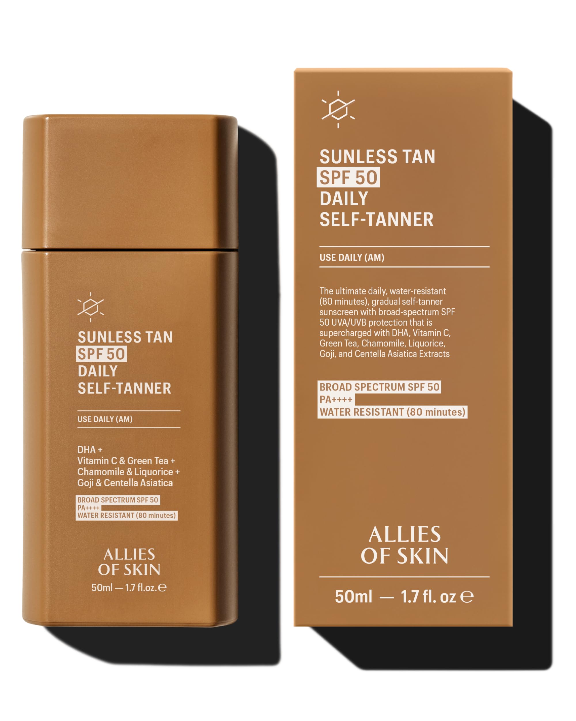 Allies of Skin Daily SPF 50 self-tanner for face bottle close-up, smooth gel texture