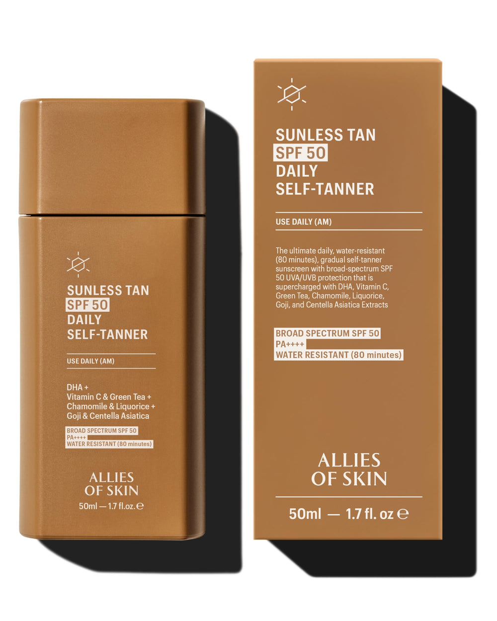 Allies of Skin Daily SPF 50 self-tanner for face bottle close-up, smooth gel texture