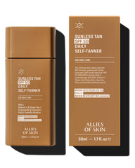 Allies of Skin Daily SPF 50 self-tanner for face bottle close-up, smooth gel texture