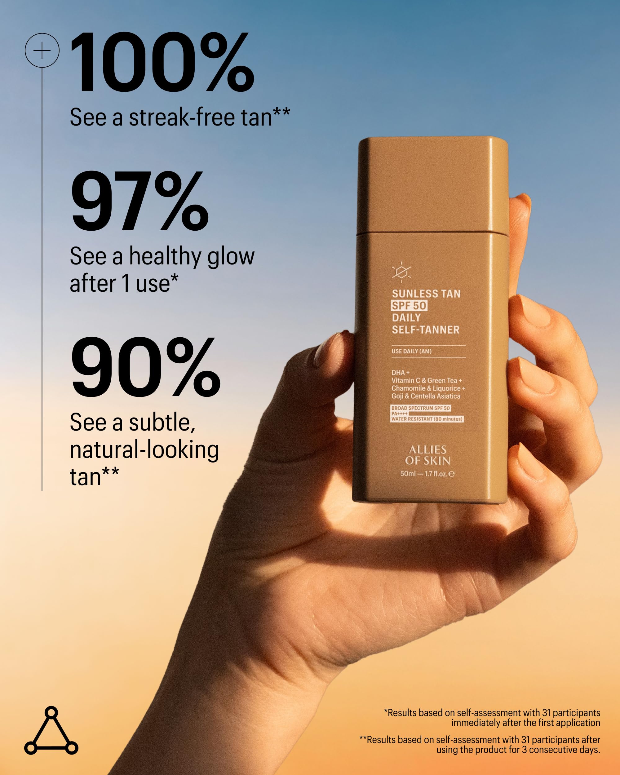Allies of Skin Daily SPF 50 self-tanner for face glow finish on skin