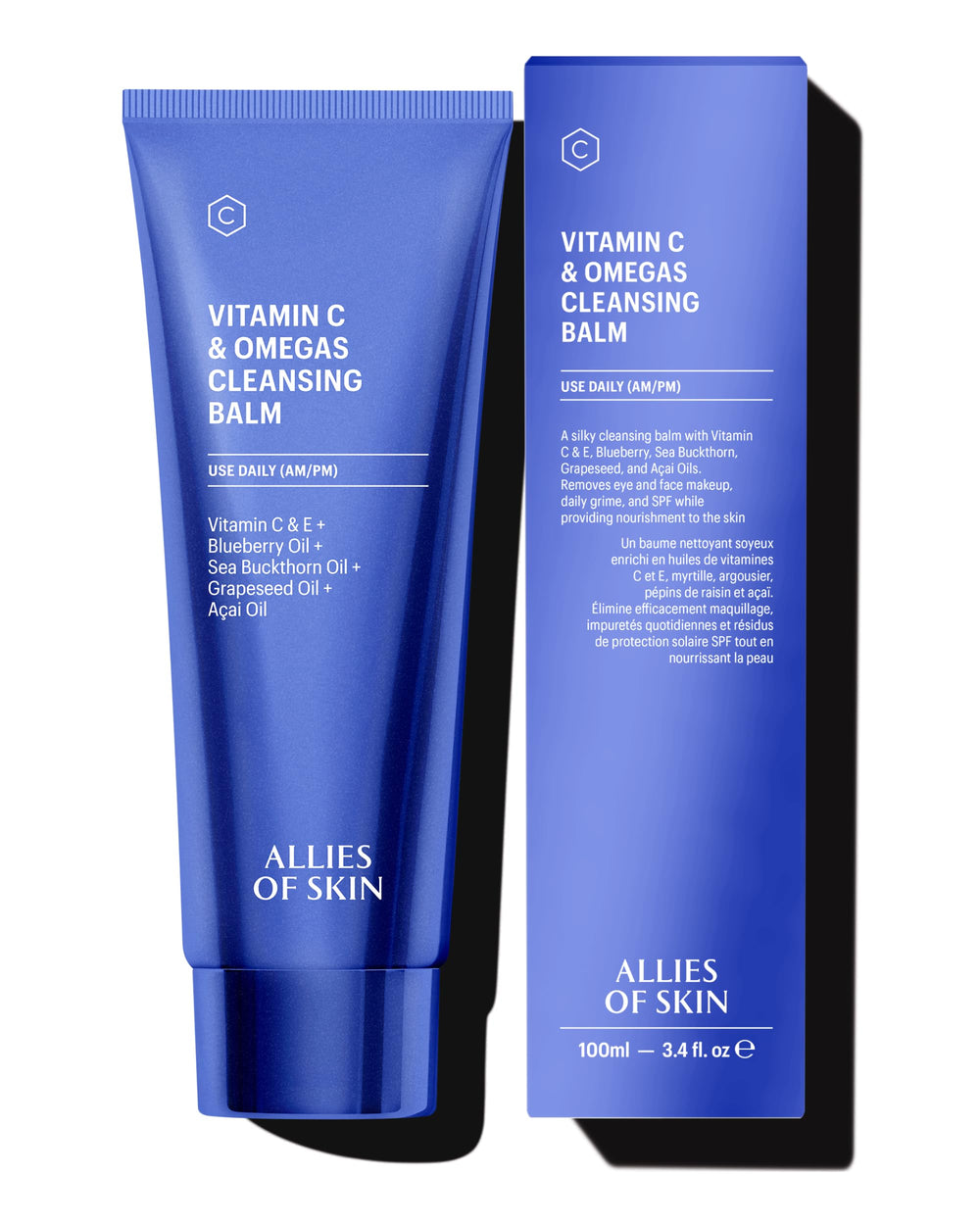 Allies of Skin Vitamin C & Omegas cleansing balm bottle pour for gentle makeup removal.