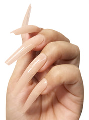 Nude full-cover tips close-up showing natural blend with nails.