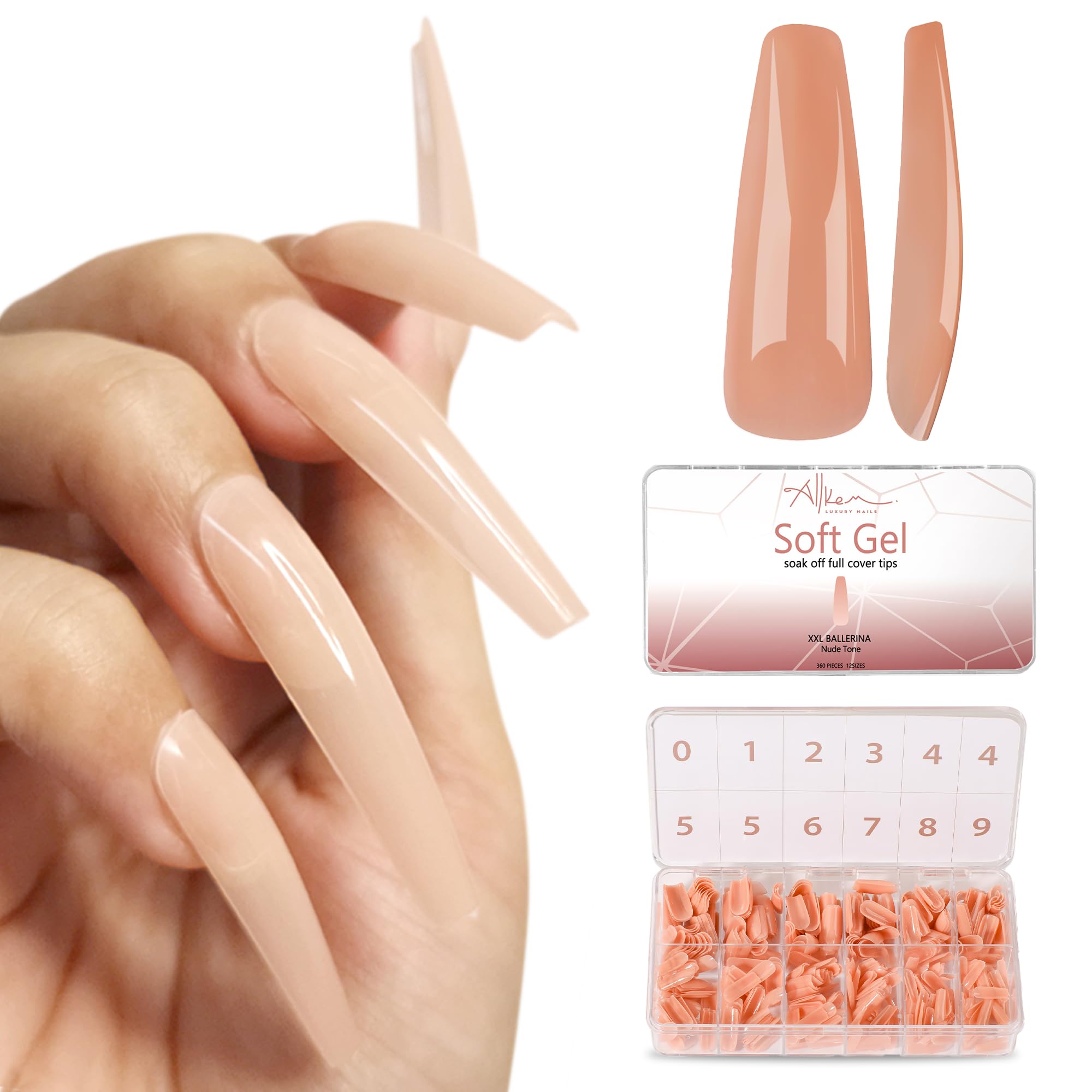 ALLKEM soft gel nail tips XXL ballerina kit front view for quick manicures.
