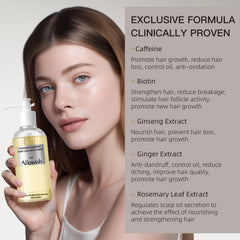 ALLOWISH shampoo label close-up highlights biotin for hair health