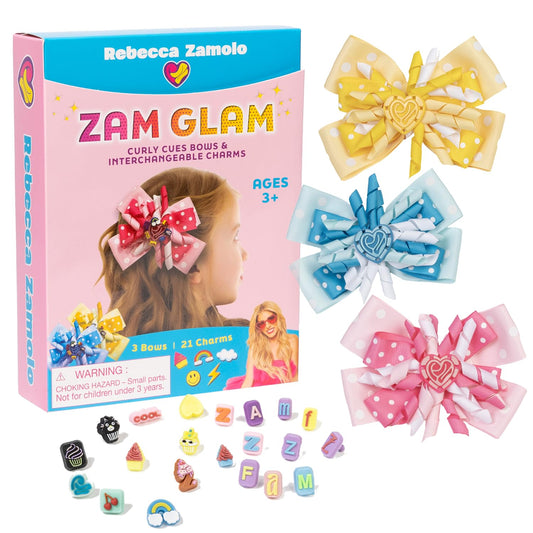 Allstar Innovations Zam Glam pink bow with charms for versatile school-day style.