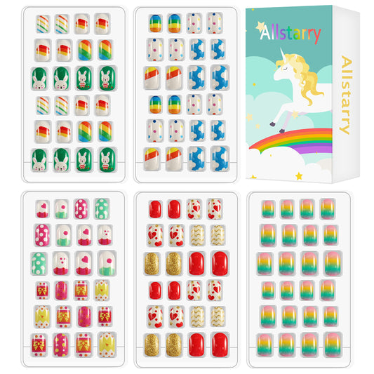 Allstarry kids press-on nails with rainbow glitter finish for quick, mess-free at-home nail art.