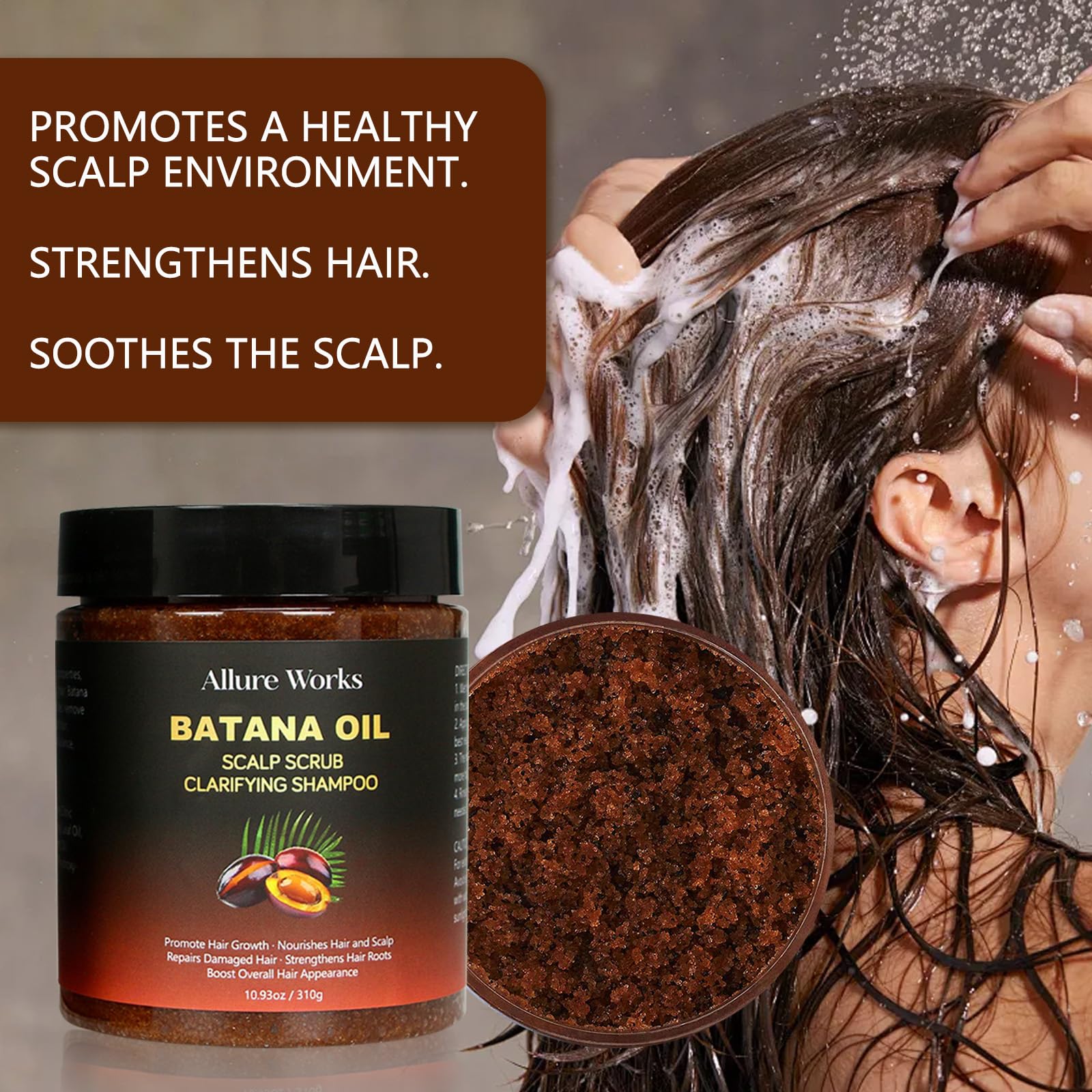 Allure Works Exfoliating Scalp Scrub rinse image conveys residue-free cleansing