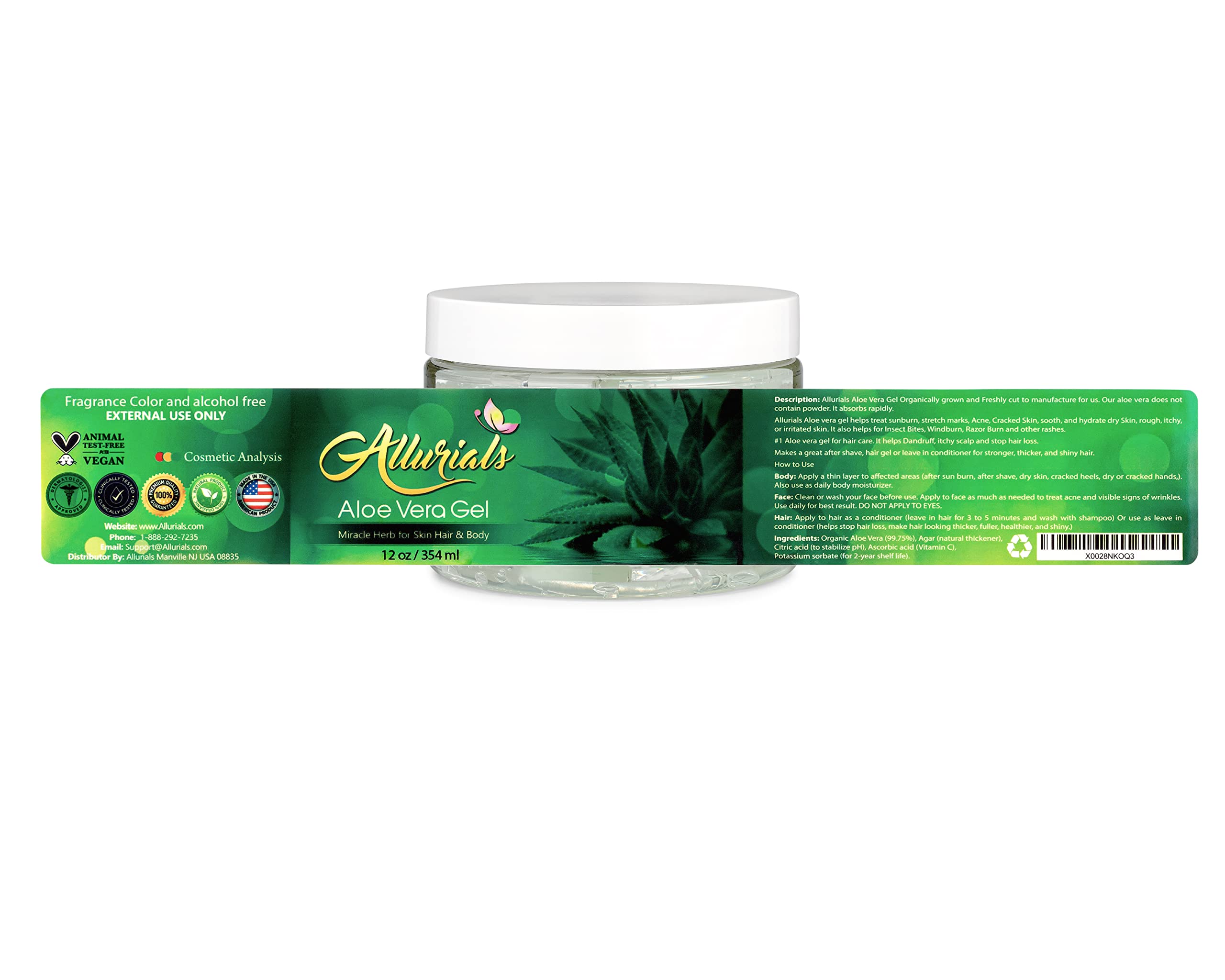 USA-made Allurials Aloe Vera Gel label on display.