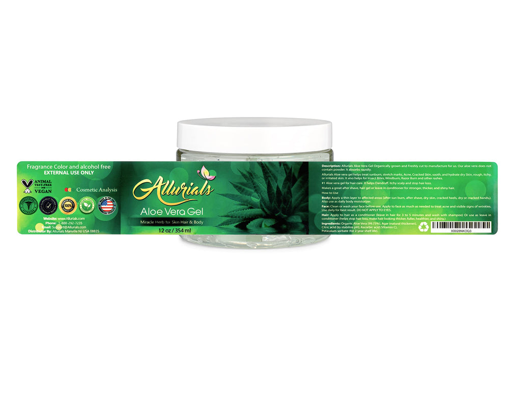USA-made Allurials Aloe Vera Gel label on display.