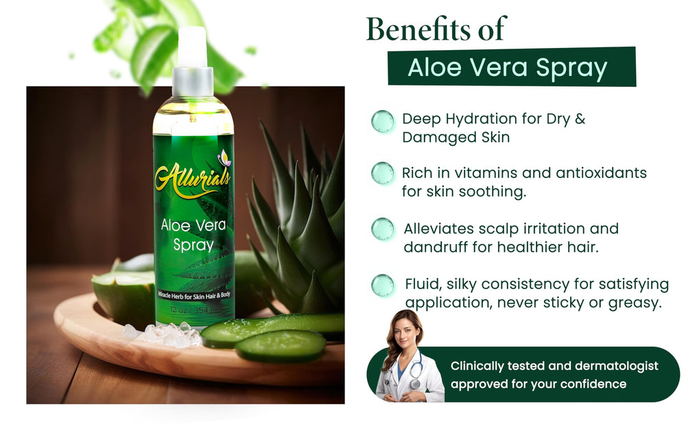 Allurials Aloe Vera Spray applied to hand for hydration.