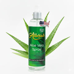 Allurials Aloe Vera Spray bottle front for skin and hair hydration.